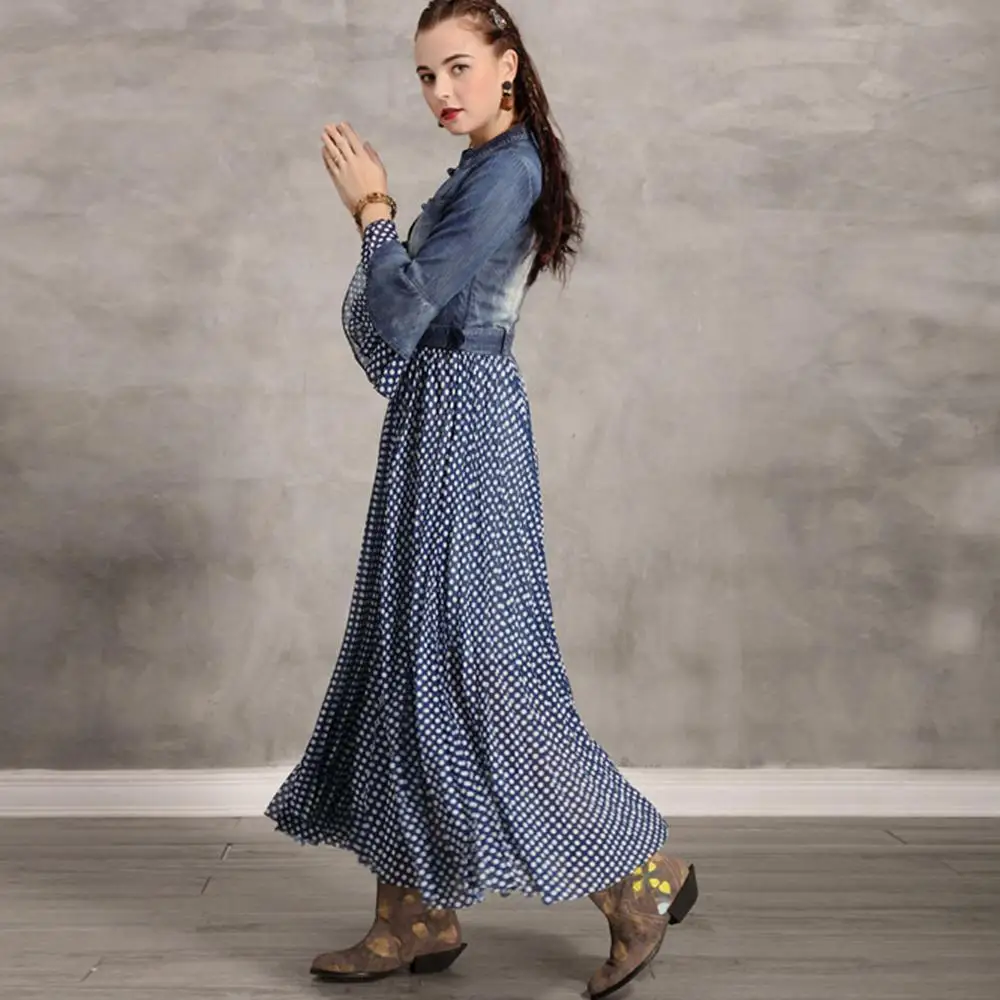 
Casual Summer Flare Sleeve Single Breasted Polka Dot Chiffon Patchwork Denim Maxi Dresses For Ladies 