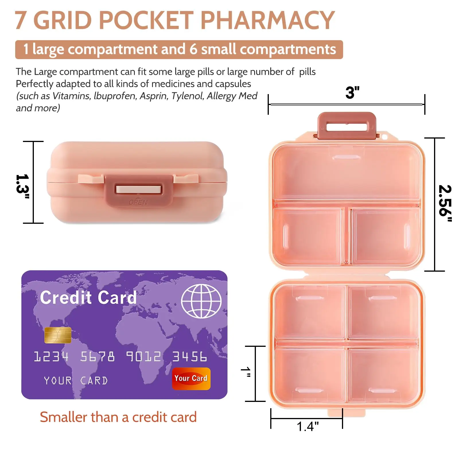 NISEVEN Wholesale 7 Grids Mini Medicine Vitamin Organizer Small Handy Pill Holder Box Portable Travel Pill Organizer with Labels