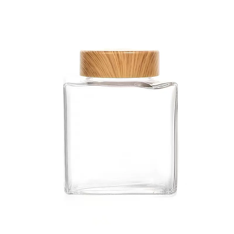Factory selling 280ml 380ml 500ml 730ml  New Design High end cubic thick Glass honey jar  with wood grain lid
