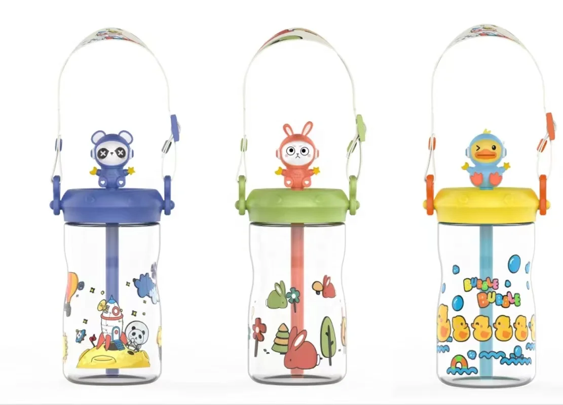 Portable Bpa Free Children Plastic Water Bottles with Straw Sports Silicone Cartoon Rabbit Tritan Kids Water Bottle with Strap
