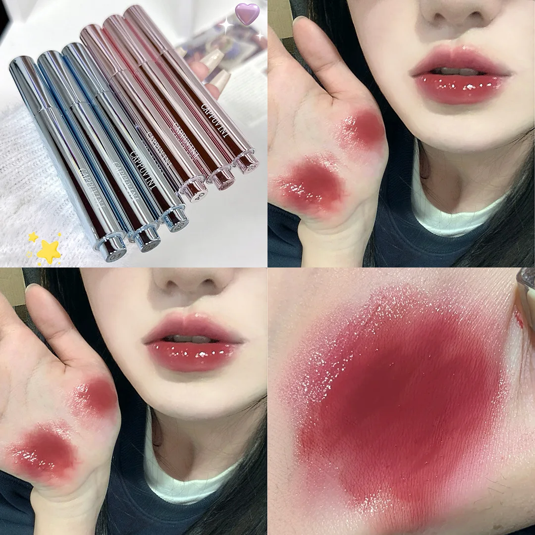 Cappuvini Slim Press Mirror Lipstick Glossy Solid Lip Oil Plumping Lips 6 Colors Nourishing Long Lasting Waterproof