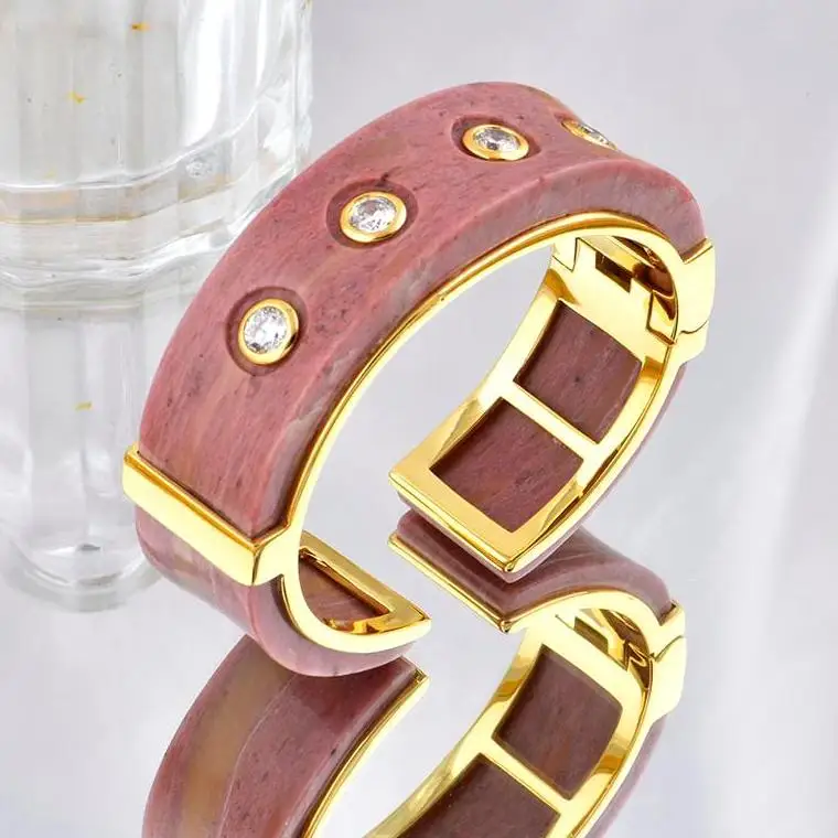 ChinChin Bangles Copper Jewelry Women 18k Gold Plated Brass Rhodonite With CZ Zircon Adjustable Cuff Banglen Jewelry