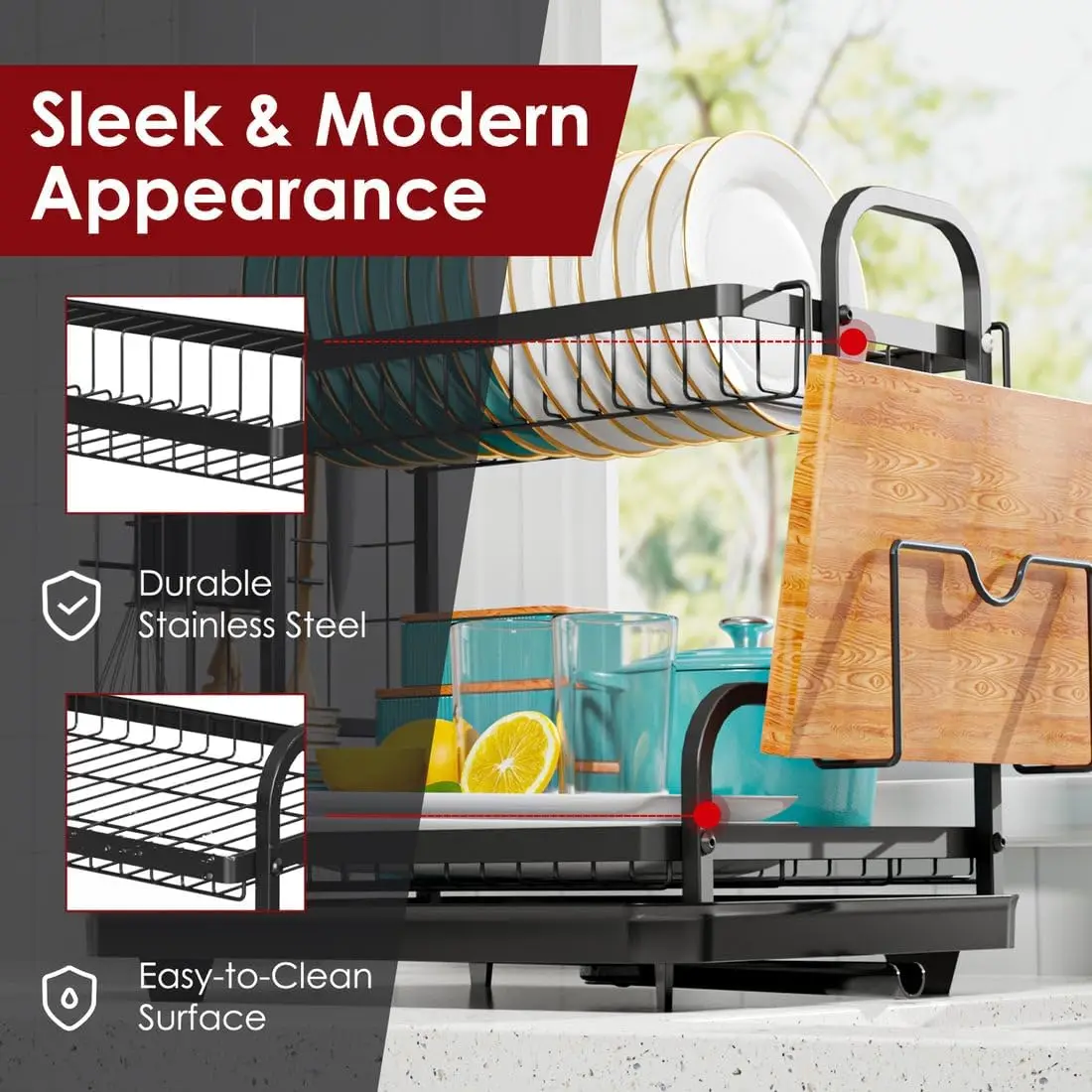 2 Layer Large Capacity Rustproof Space-Saving Multipurpose Dish Drying Rack for Countertop Kitchen Counter with Utensil Holder