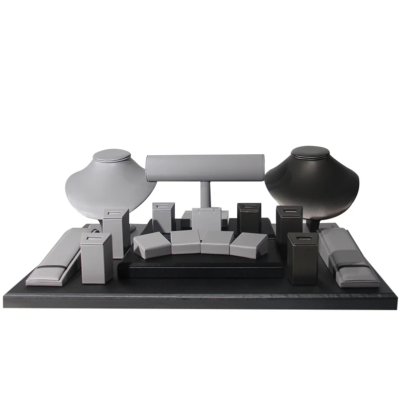 FSD Stylish luxury jewelry display set PU leather bust and stand with base and background for whole Window cabinet showcase