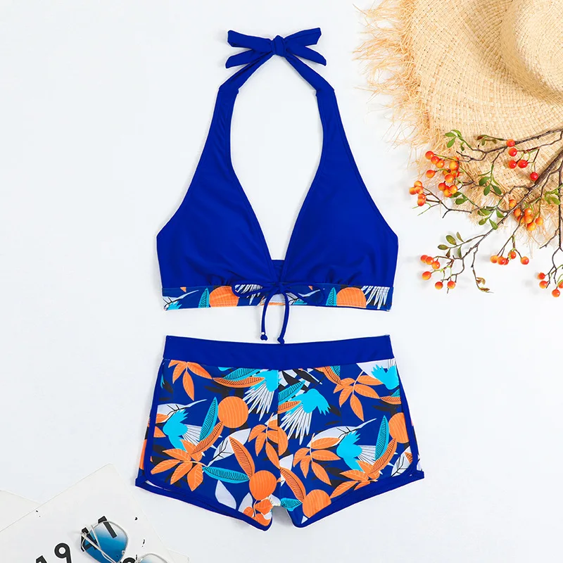 Feimale Fitness Sports Bikini 3 Piece Set Bra Boyleg Shorts Vintage Printed Beachwear Women Sexy Swimsuit Wholesale Swimwear