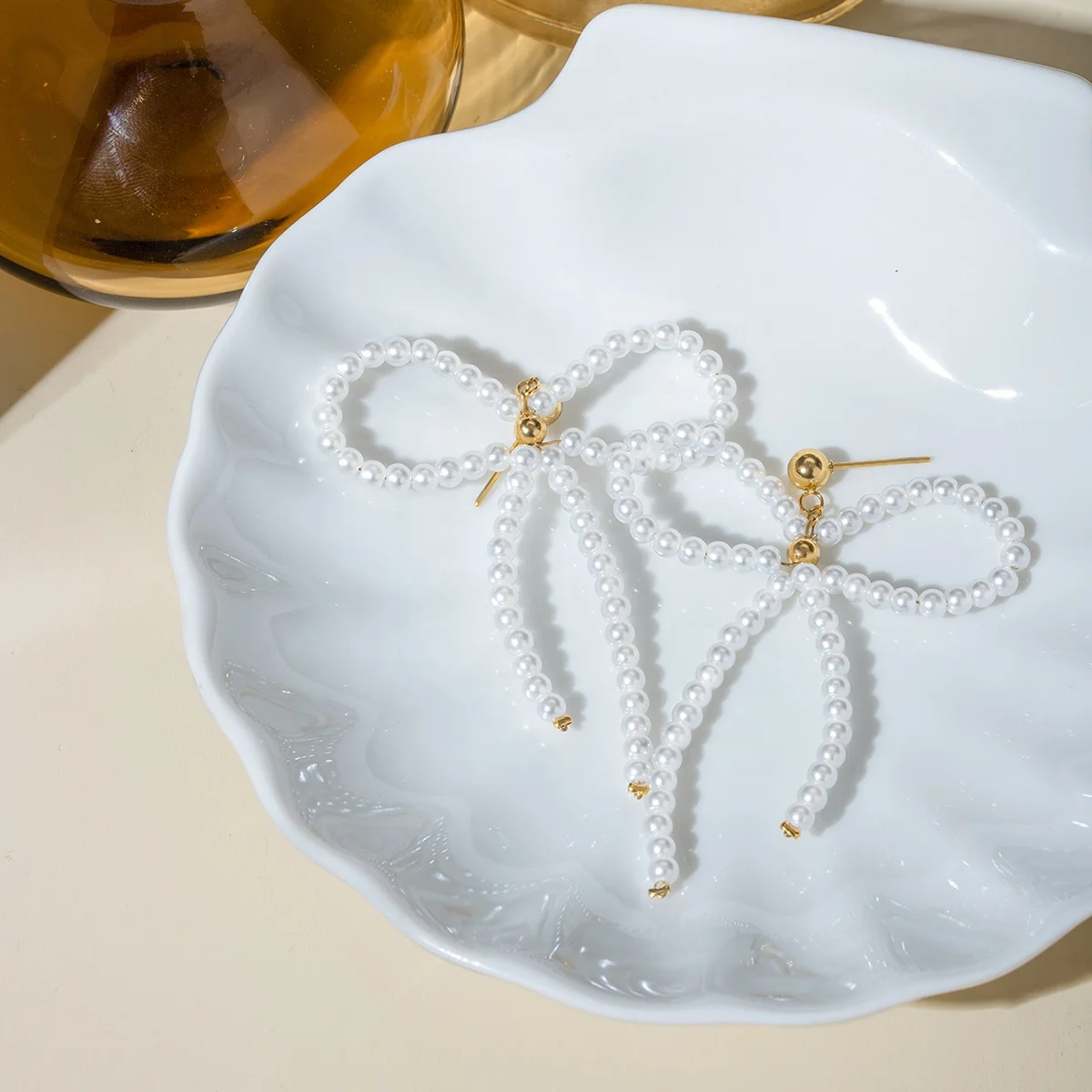 J&D Cute Bowknot Beads Design Glass Pearl 18K Real Gold PVD Plated Stainless Steel Bow Stud Earrings For Girls Daily