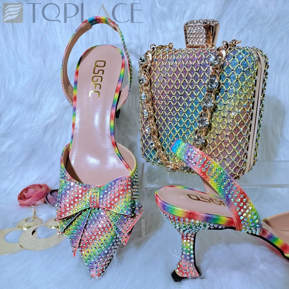 High Quality Design Shoes And Bags Pu Leather Rainbow Color Italian Shoes And Bag Set 2017
