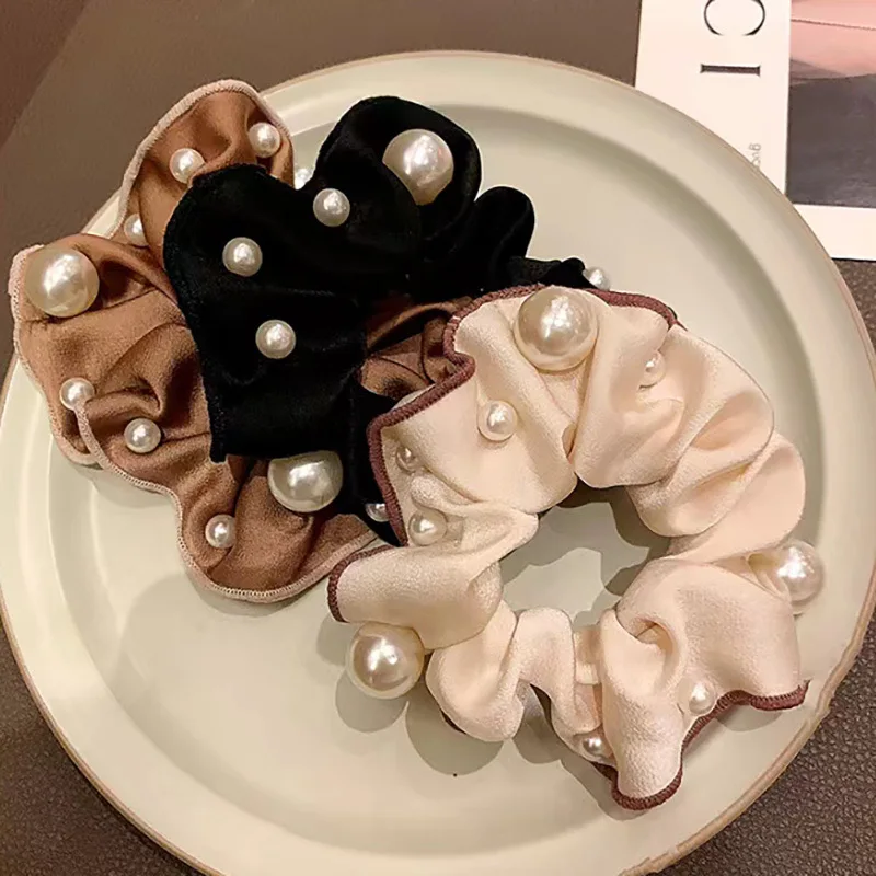 Korean Elegant Large Elastic Hair Bands in Coffee Color with Top Quality Pearls Silk Stain Scrunchies for Women Girls