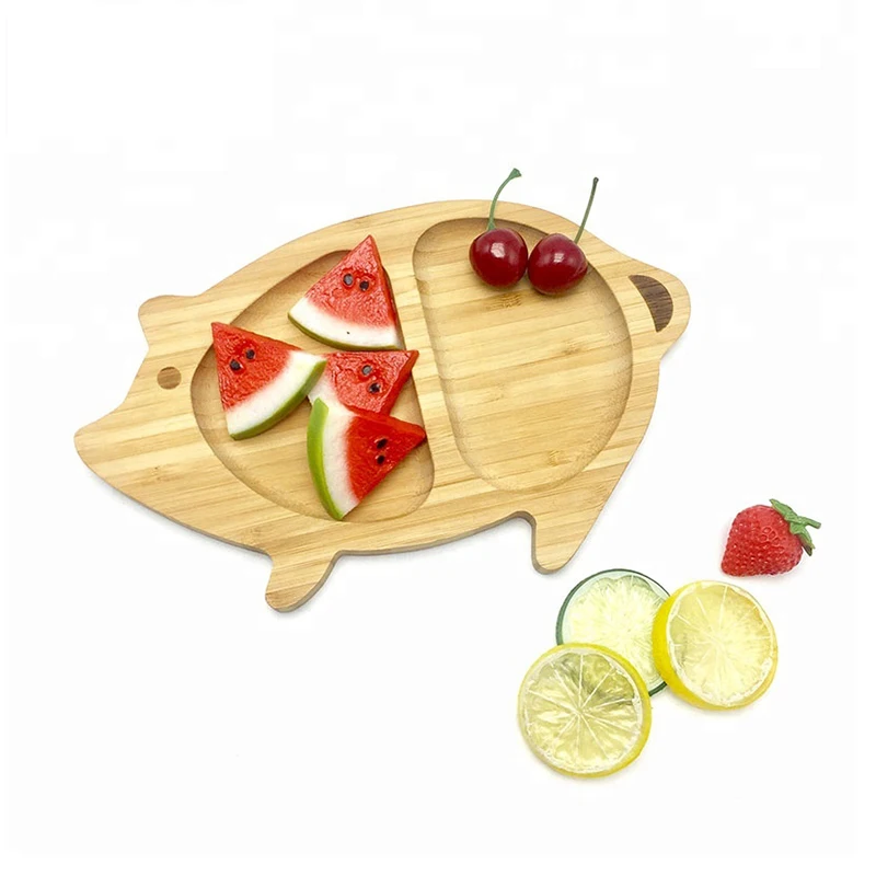 
Eco-friendly wholesale reusable cartoon animal shaped design bamboo baby children feeding charger dinner plates for kids toddler 