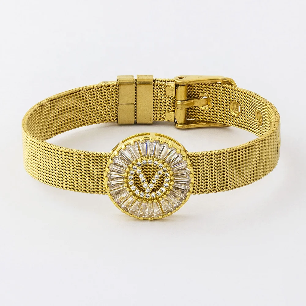 Classic Stainless Steel Watch Belt Bracelet Micro Pave CZ Crystal 26 Letters Name Bracelets Best Party Wedding Jewelry Gift