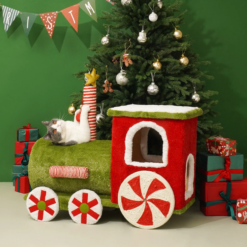 Cat Climbing Frame Christmas Train Cat Trees with Fun Ringing Stone Lob Natural Jute Cat Climbing Tree