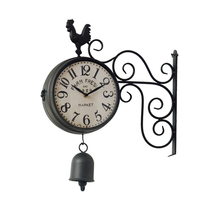 Garden Double Clock with Bell Outside Decoration Retro Style Double Sided Wall Clock