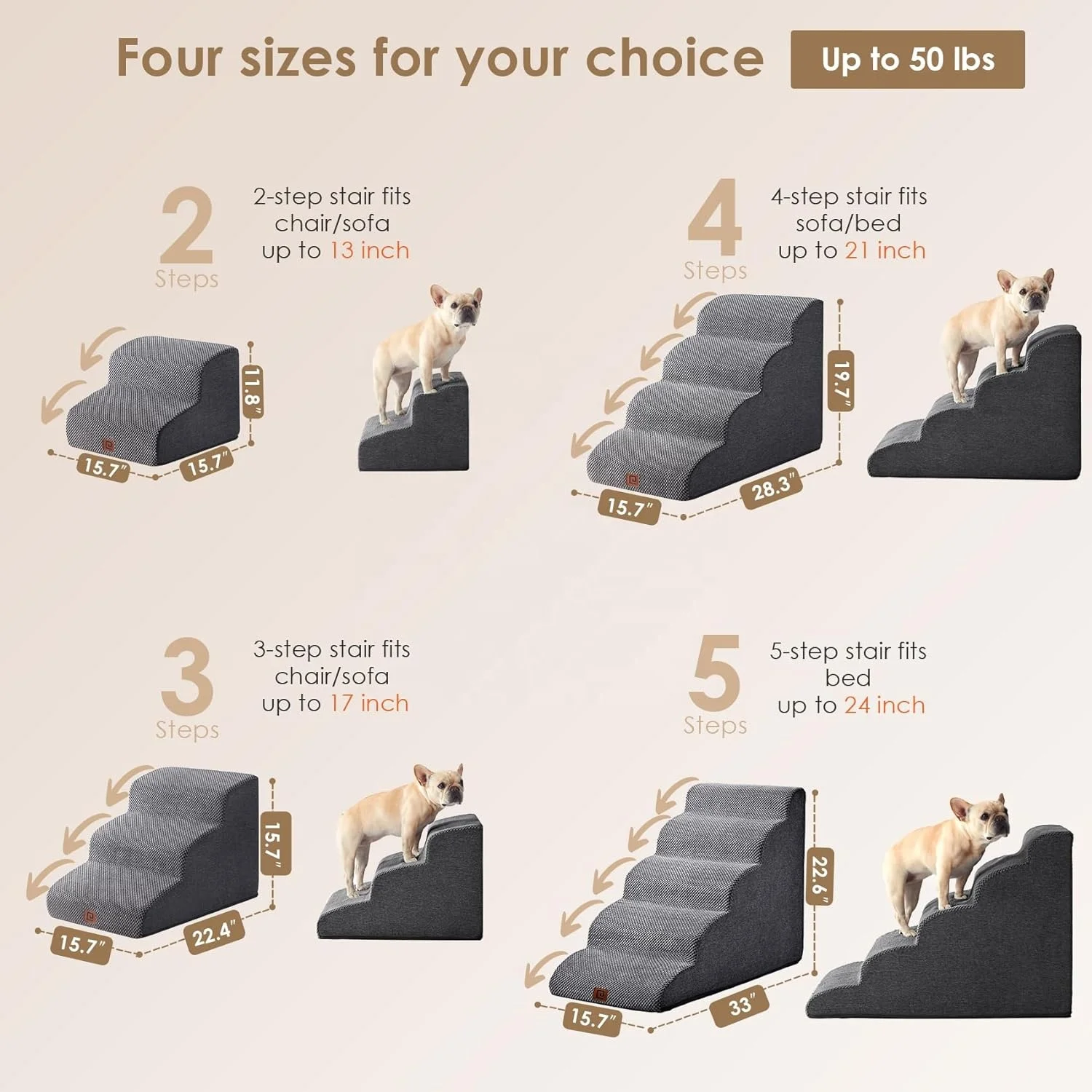 Curved Pet Dog Cat Stair Step for High Bed Coach Climbing Non-Slip Balanced Ramp Indoor Grey with Washable High Density Foam