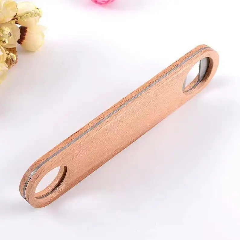 DIY Wooden Handle Stainless Steel Large Flat Beer Bottle Opener Kitchen Tools Bar Beer Wine Openers Custom Logo