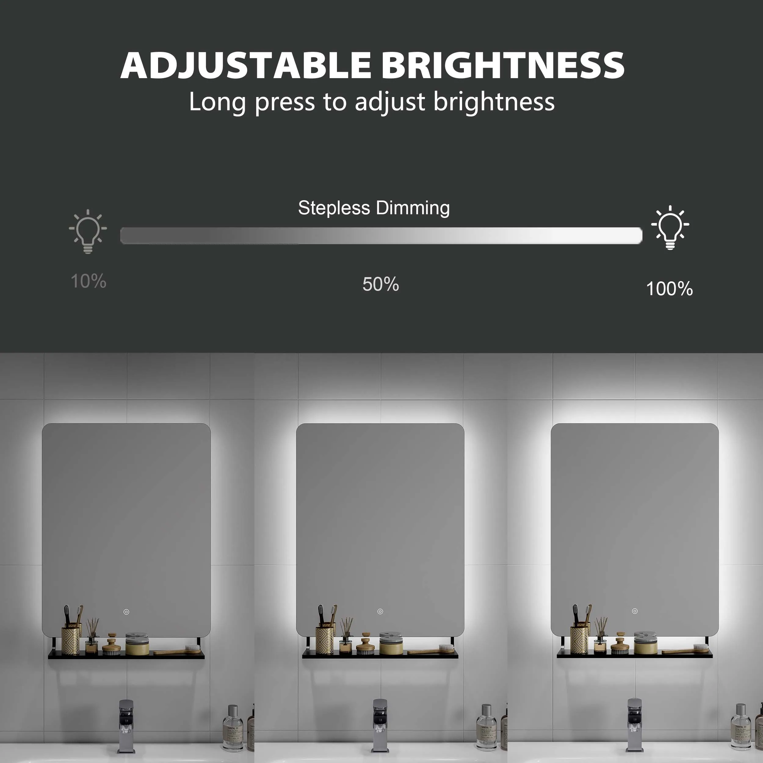 Smart Modern Wall 500 X 700 Hotel Anti Fog Backlit Storage Black Vanity Frameless Bathroom Mirror Shelf Led Light With Shelves