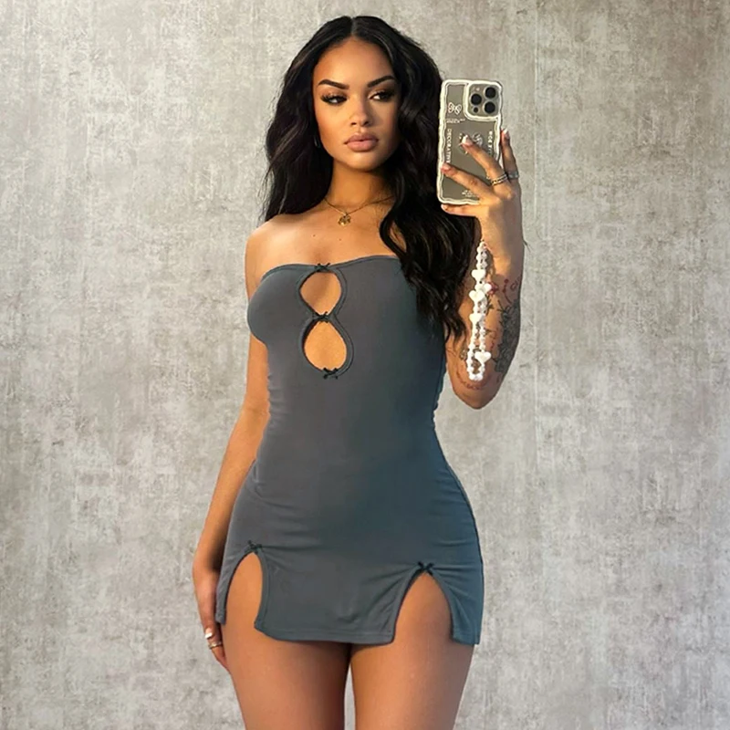 Bomblook D24DS059 Trends Sexy Outfits Strapless Ladies Slit Dress Women Solid Bodycon Bow Mini Dress 2024 Summer