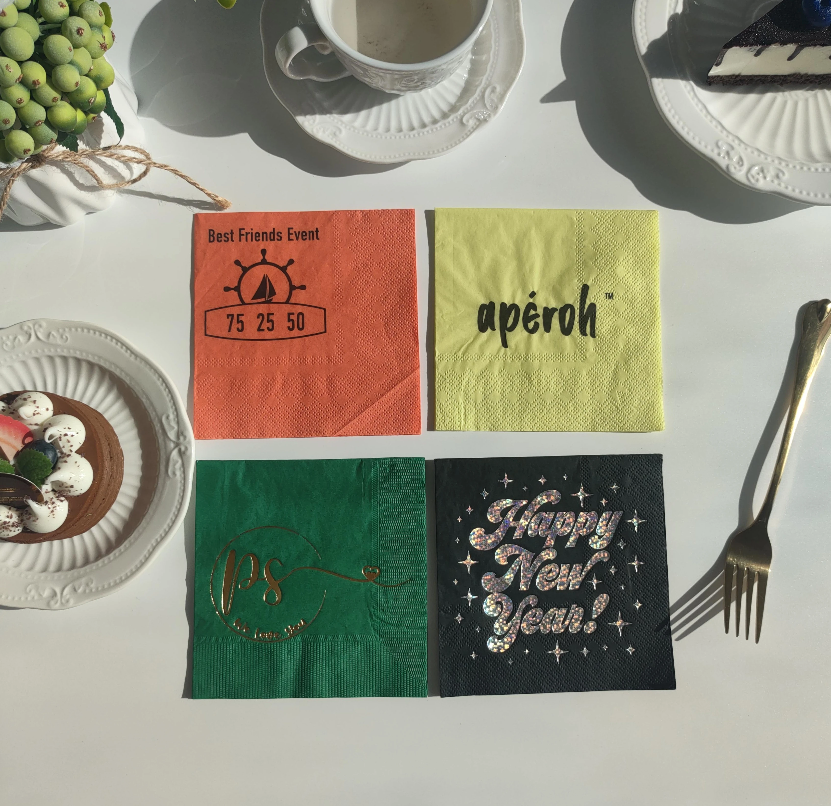 Personalized Disposable Printing Napkins Cocktail Beverage Paper with Your Own Design Hot stamping silver logo