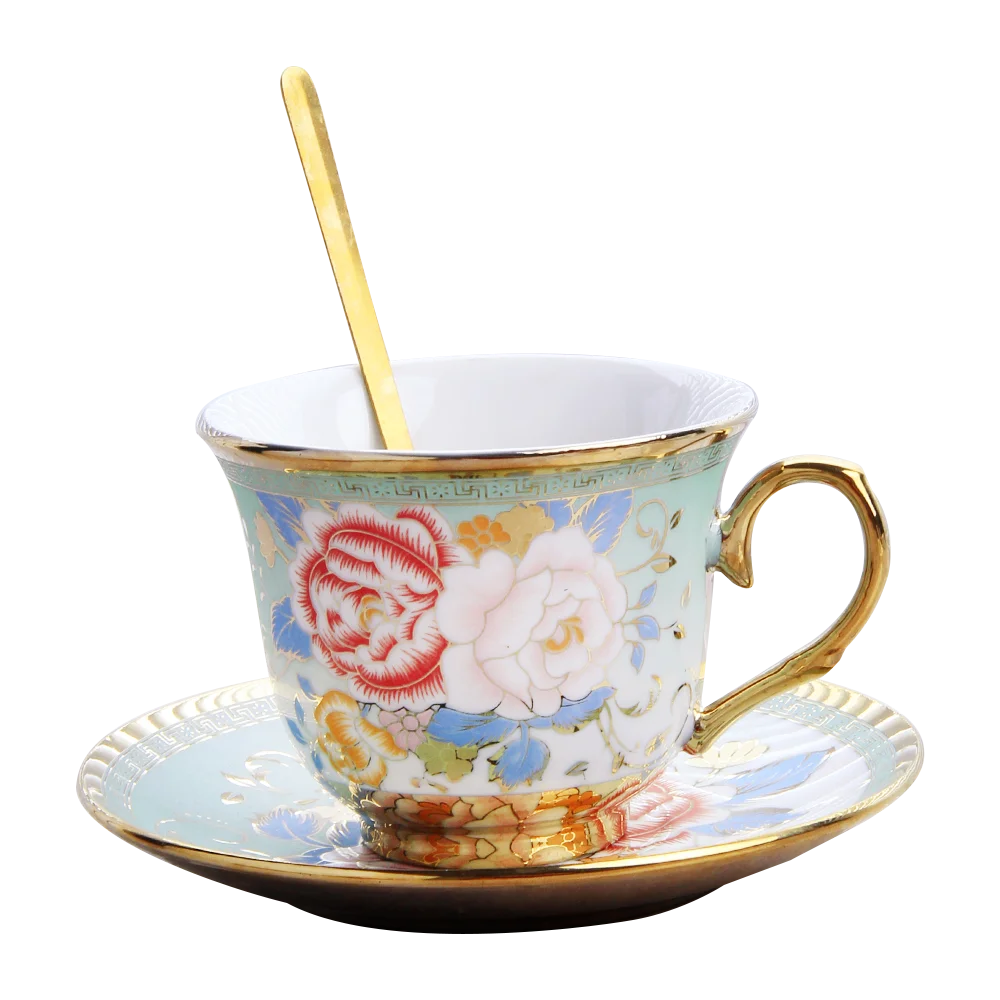 Hot Sale Handmade Brewed Coffee Kiln Remodeled Vintage Fine Flower Pattern Ceramic Coffee Mug and Plate Set with Spoon