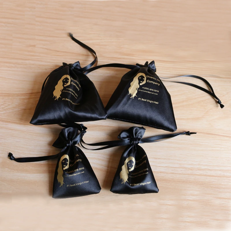 custom logo jewelry gift wig storage and packaging silk pouch drawstring satin bags for hair bundles