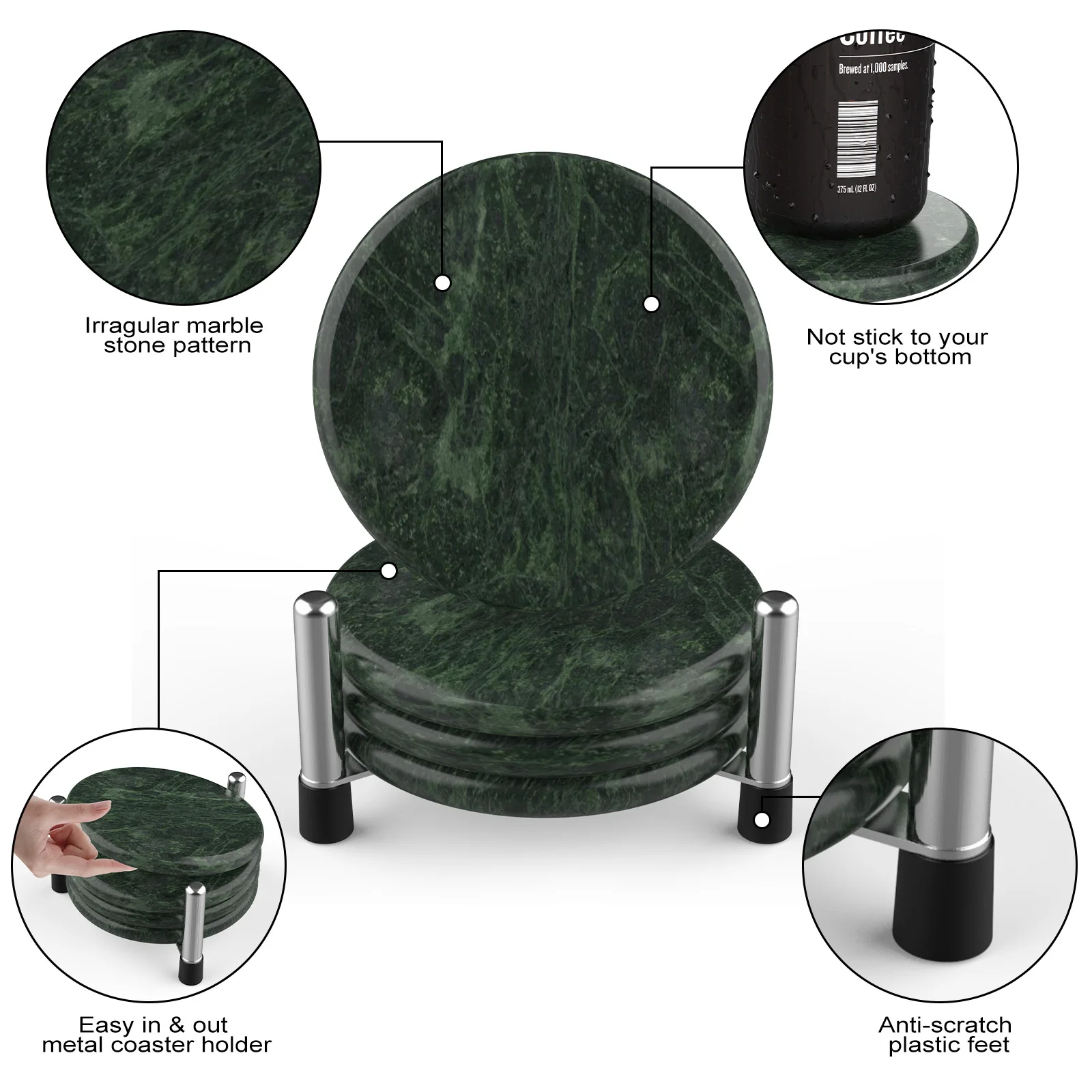 3.94 inch round ceramic water absorbing cup Marble ceramic coaster custom 4 pcs one set metal holder