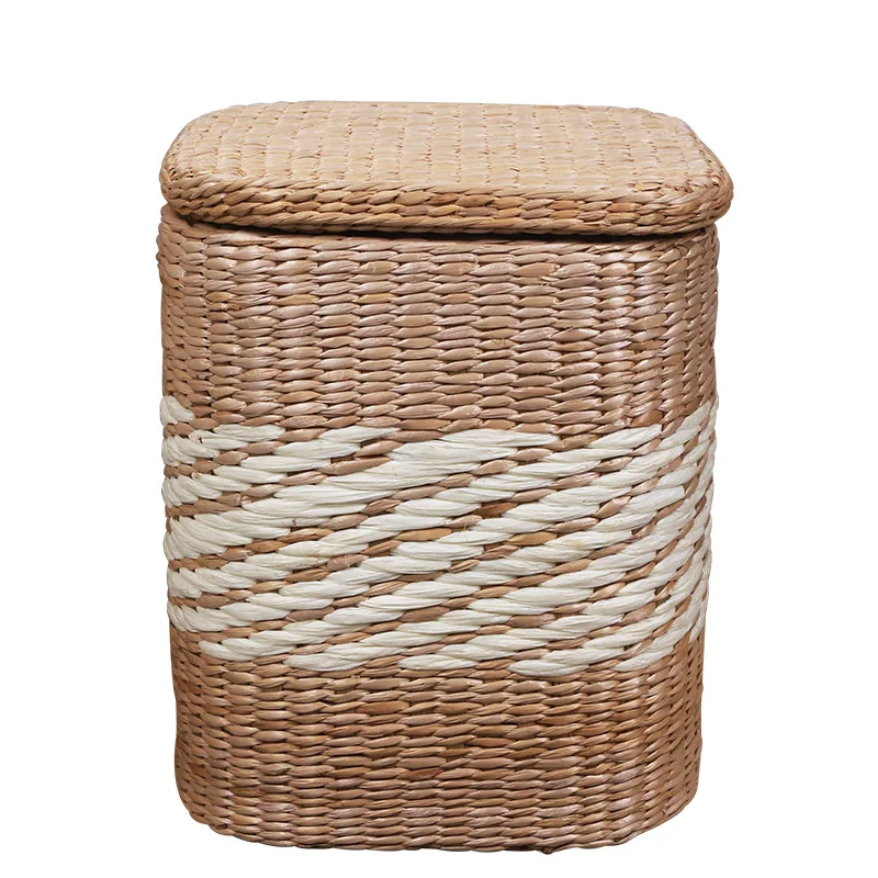 Rectangle Vintage Stool Handmade Storage Woven Cattail Pouf Stool For Clothes Storage