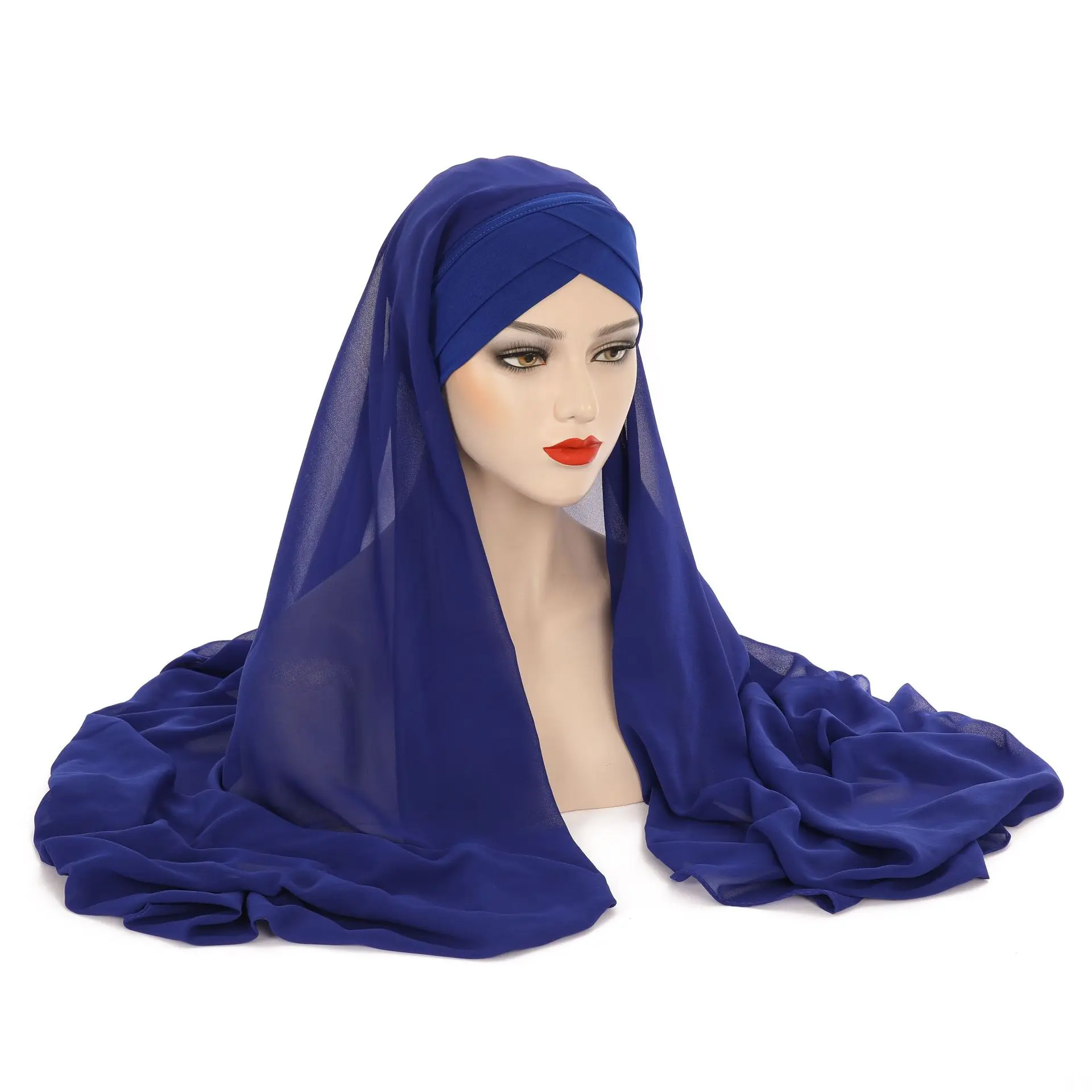 New Convenient Terylene Wrap Headscarf Four Seasons General Plain Chiffon Scarf Ladies Forehead Cross Headscarf Cap