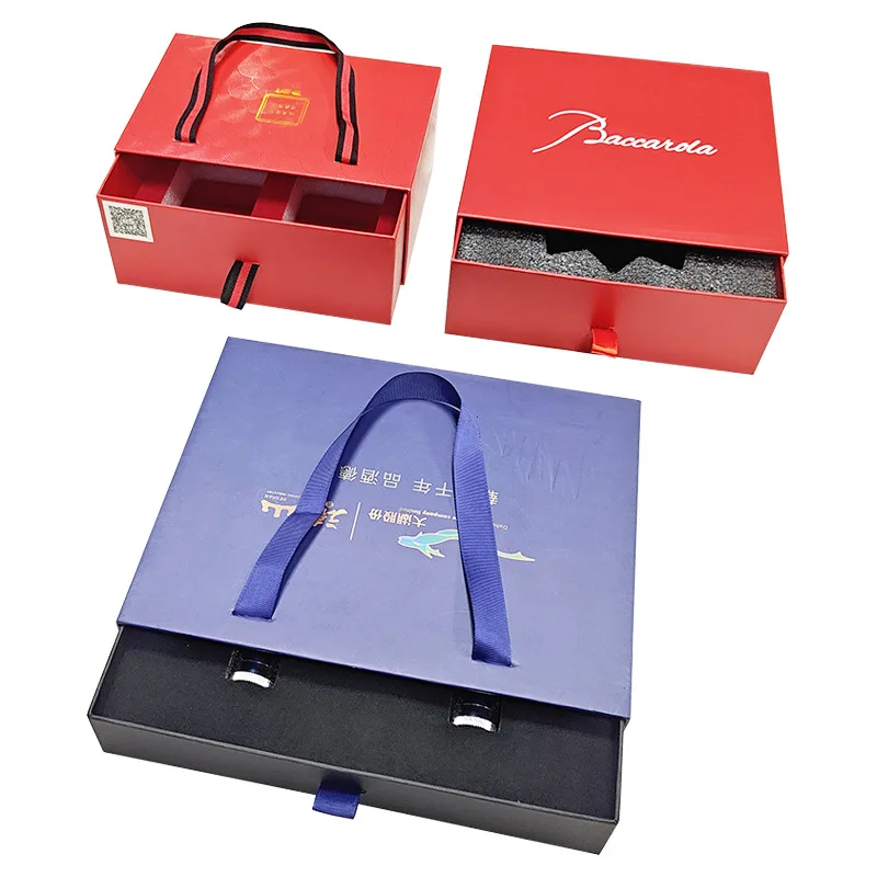 Custom Logo Paper Packaging 2 Bottle Beverage Beer Red Wine Gift Box Cardboard 2 Pack Sliding Drawer Wine Box with Handle