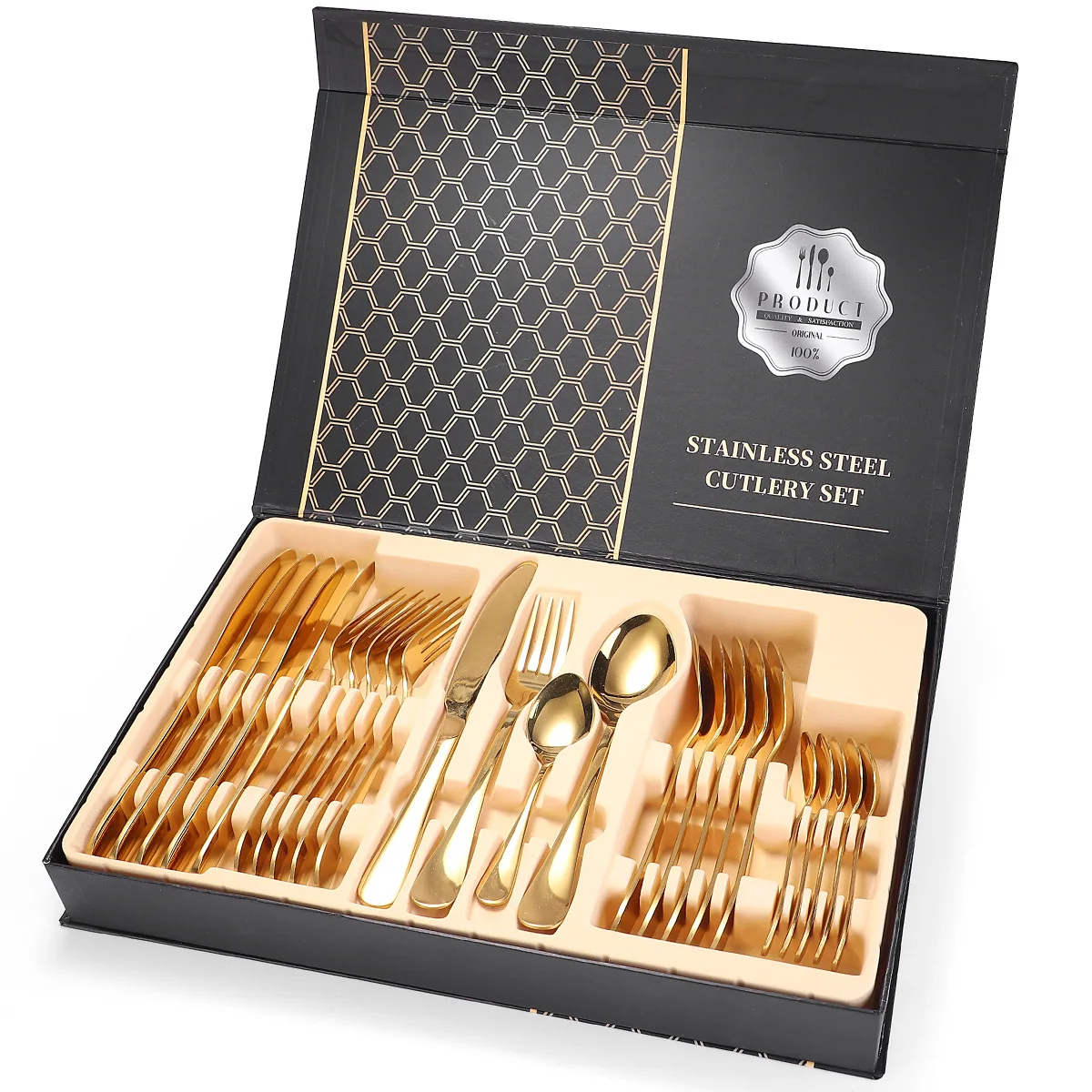 Wholesale modern luxury european wedding party stainless steel gold color plated 24pcs flatware box golden cutlery sets