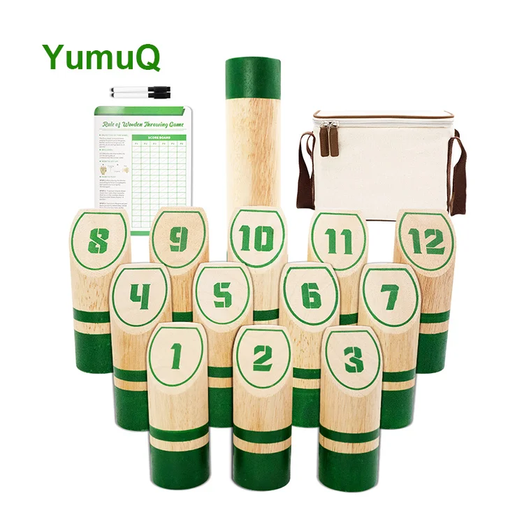 YumuQ Wooden 12 Number Pins Throwing Dowel Block Tossing Game Wood Scatter With Carry Bag