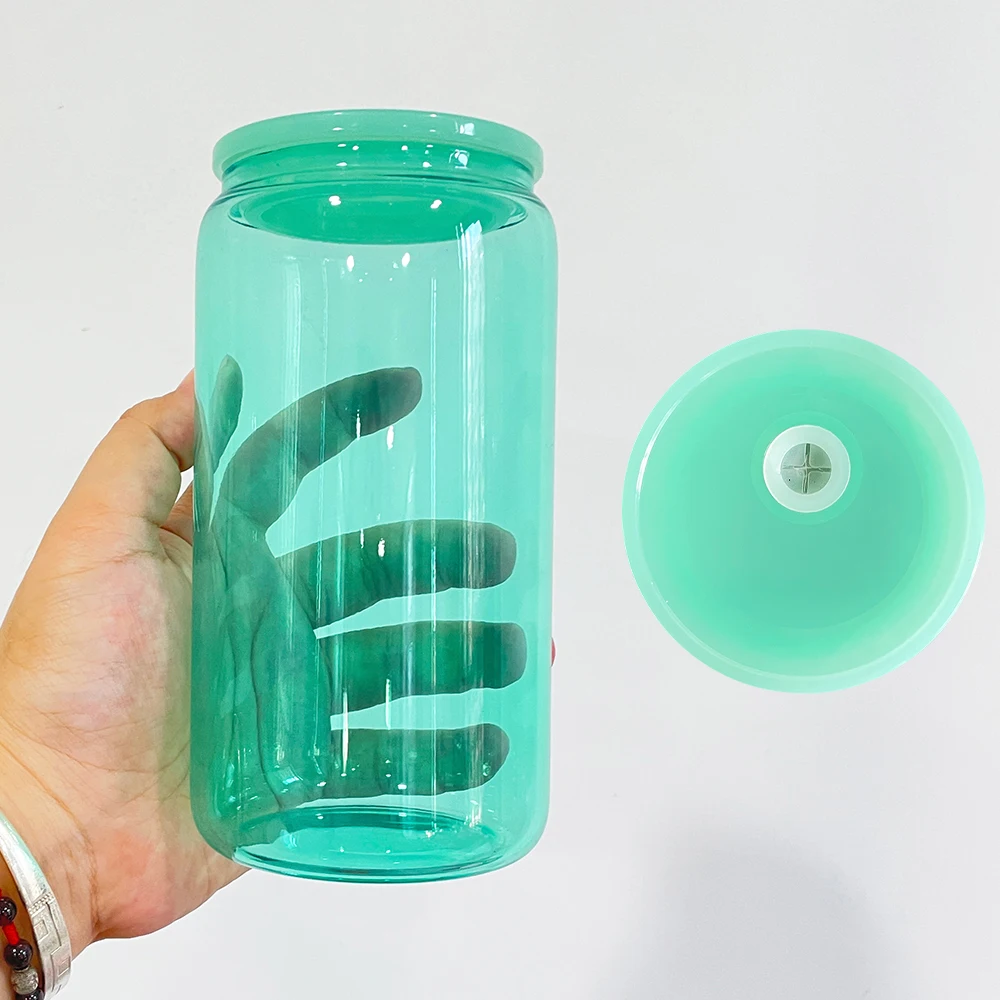 In Stock Colorful 16oz Beer Soda Glass Can with Plastic Lids USA Warehouse Colored Transparent Glass Can Shaped Drink Ware