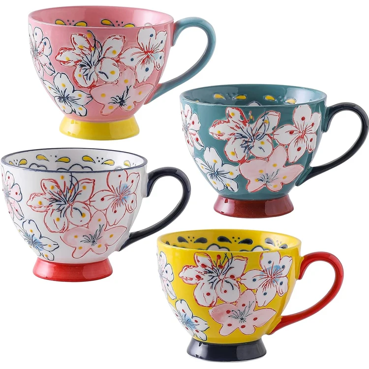 National Style Portable Food Grade Large Capacity Oatmeal Milk Breakfast Cup Reusable Hand-Painted Flower Ceramic Coffee Cup Mug