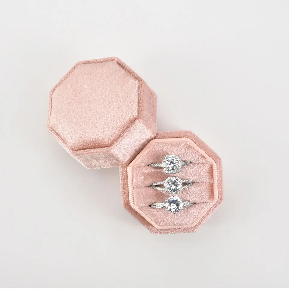 Joyero Factory Stock Engagement Jewellery Packaging Octagon Velvet Luxury Three Ring Double Ring Sing Ring Box