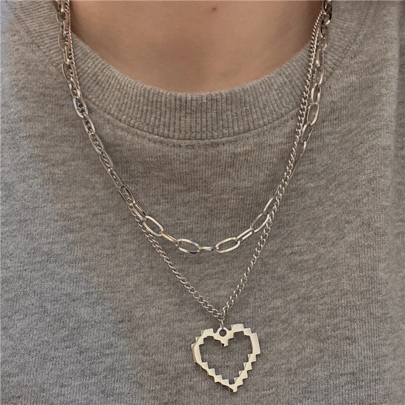 New Silver Plated Double Layer Hip Hop Mens Necklaces Fashion Couple Chain Love Necklace