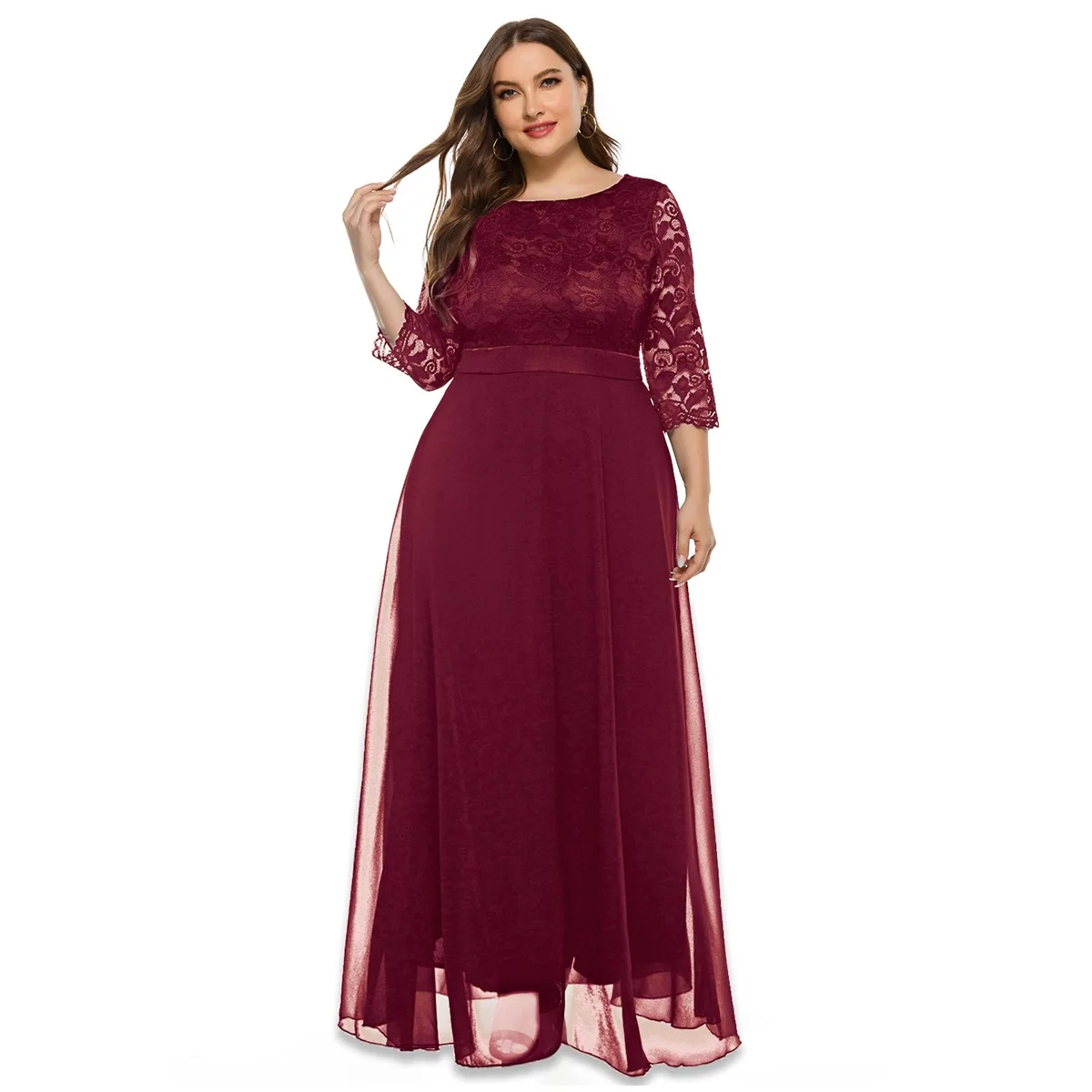BOJIN ODM&OEM Women Dress Large Size New Lace Evening Dress Solid Long Sleeve Elegant Dress for Women