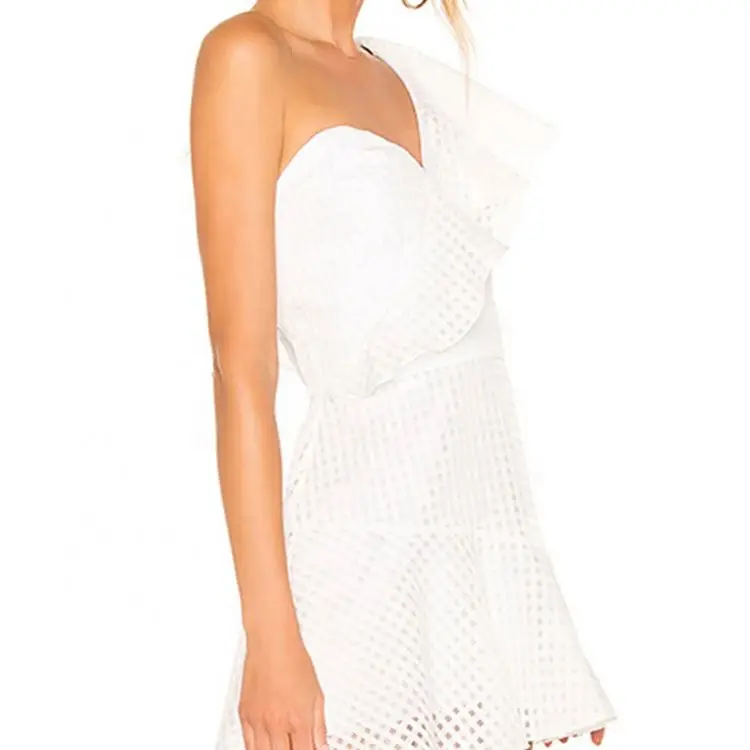 White Party Dress Mesh Ladies Fashion One Shoulder Ruffles Detail Mini Dress