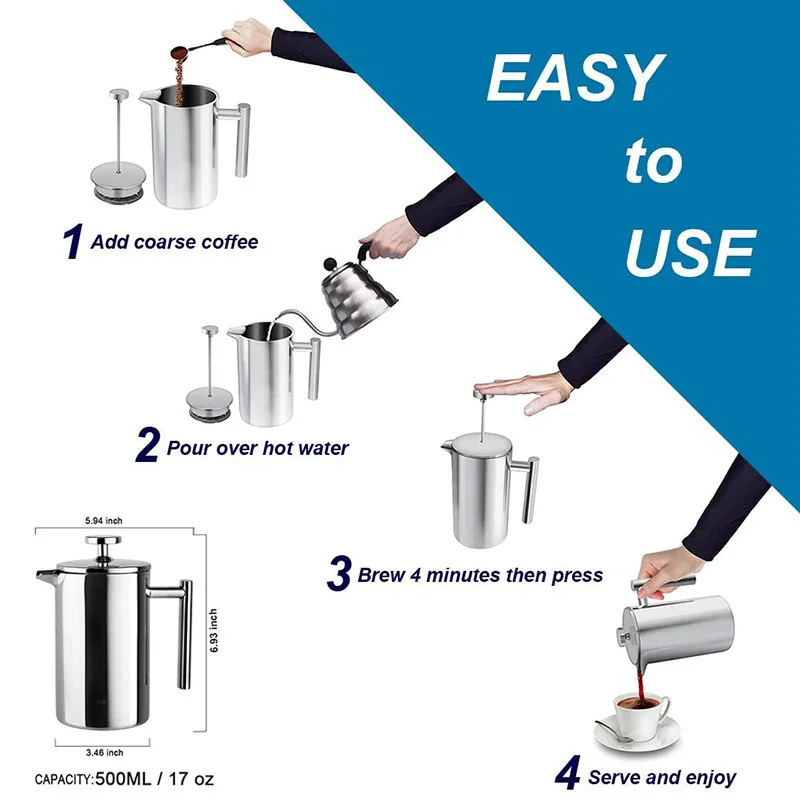 Morden Luxury Wooden handle French Presse Pot Stainless Steel French Press Coffee Maker for camping