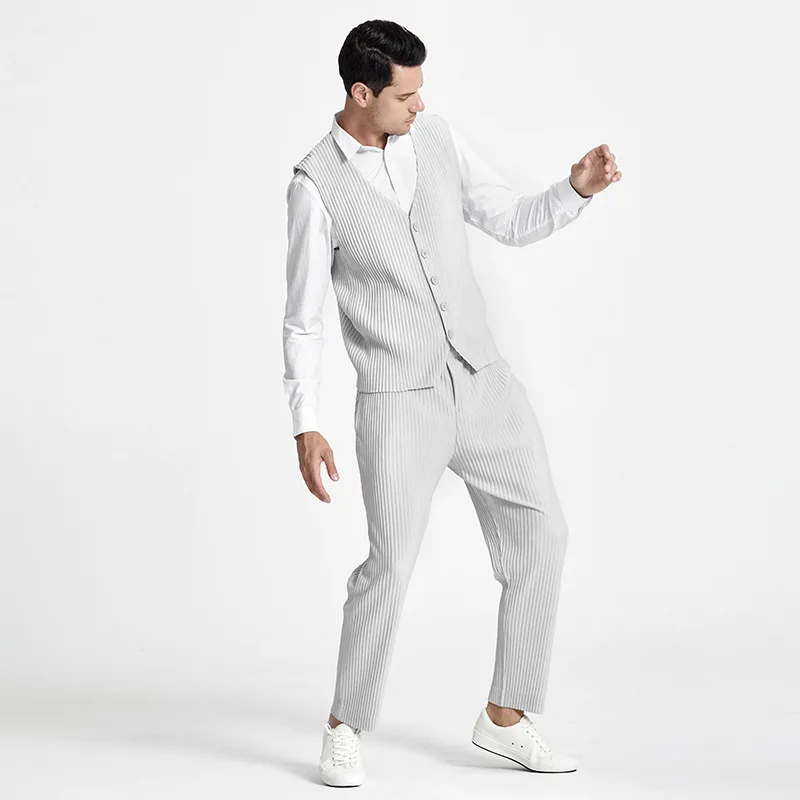 
FXZ Wholesale Custom Pleat Men Waistcoat Formal Suit Vest 100% polyester high quality Pleated men vest 