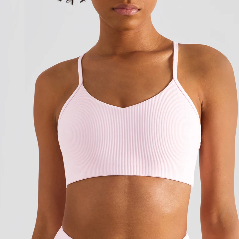 Women Light Support Ribbed CrissCross Spaghetti Spandex Pink Sports Bra Alfa Yoga with Cups Padded Tank Top