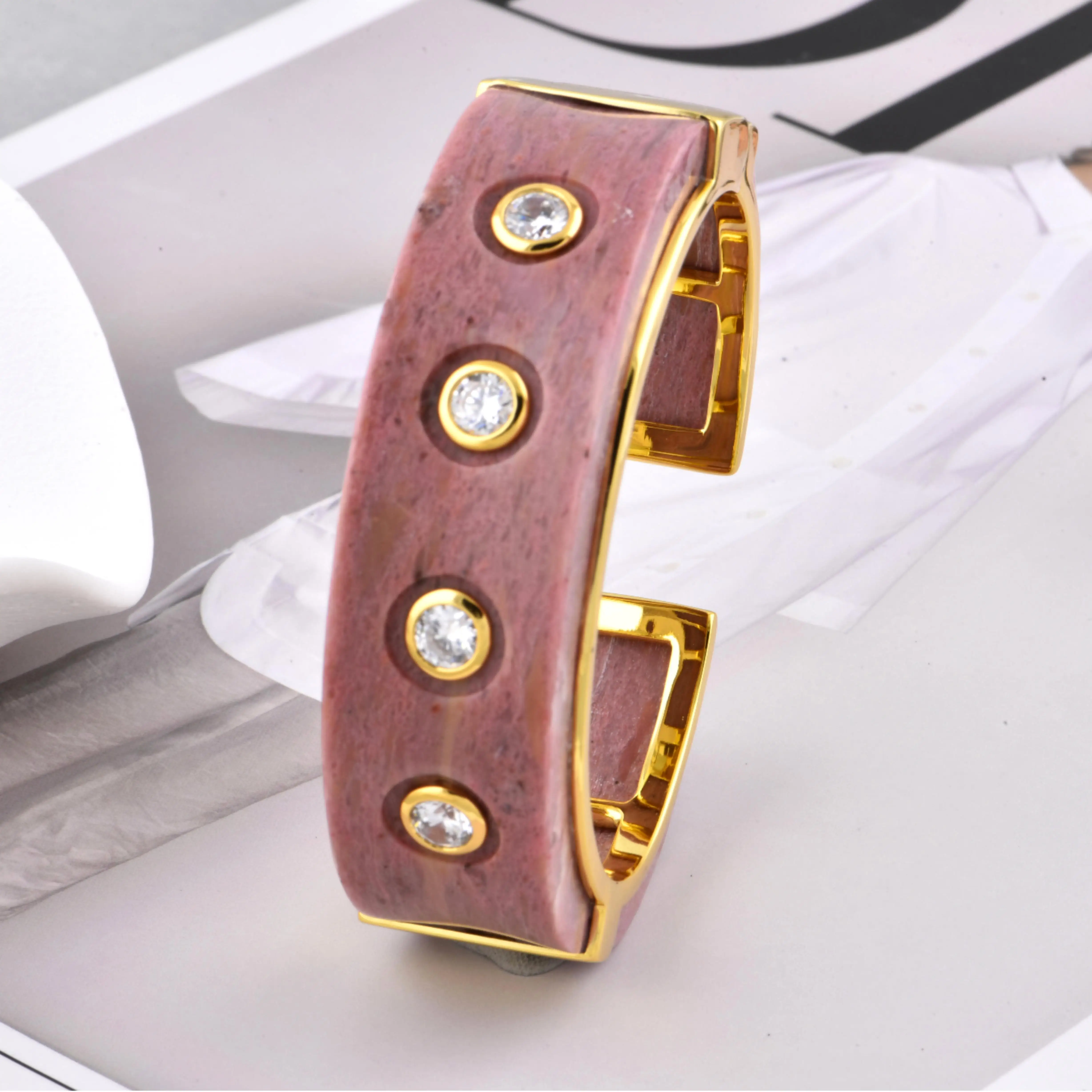 ChinChin Bangles Copper Jewelry Women 18k Gold Plated Brass Rhodonite With CZ Zircon Adjustable Cuff Banglen Jewelry