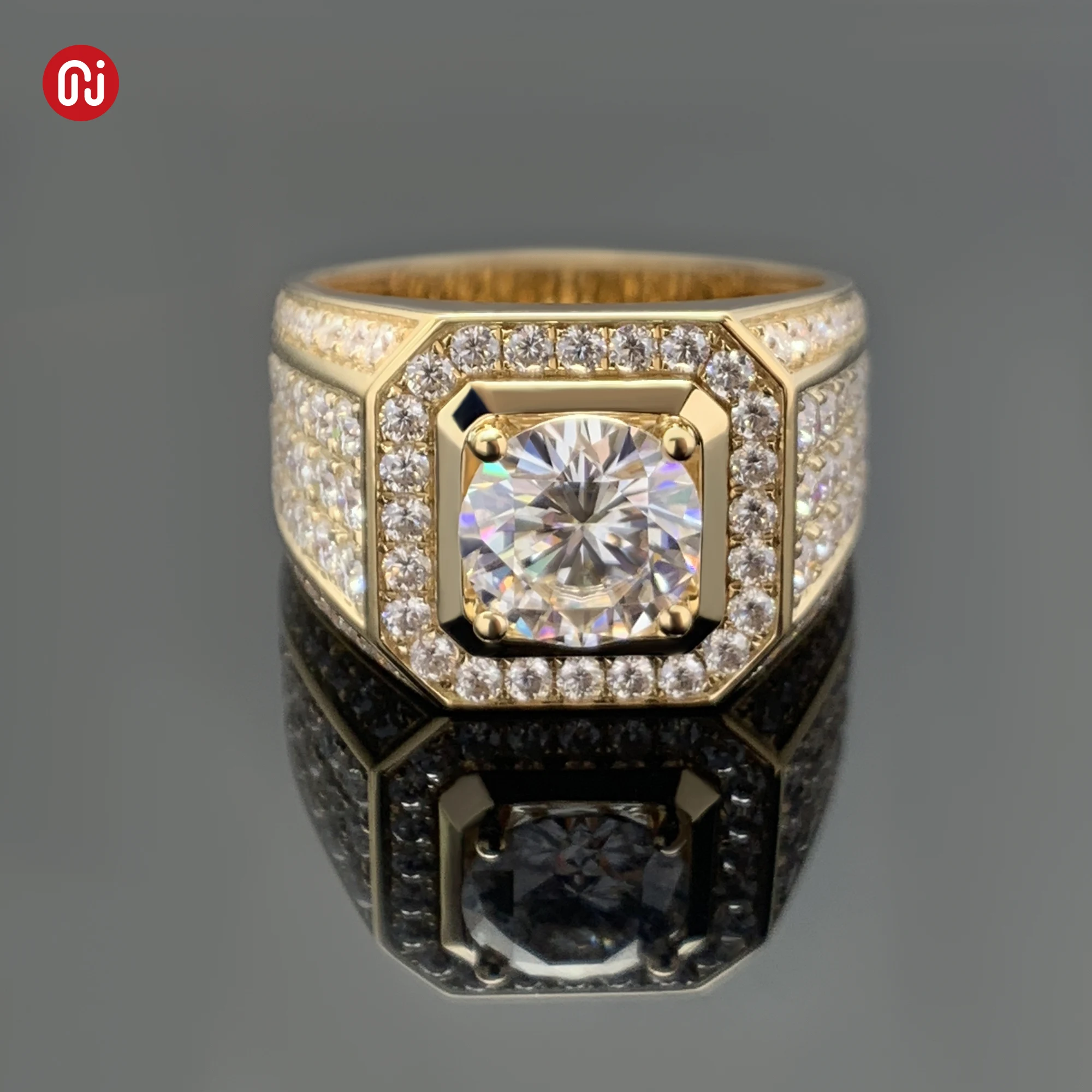 GIGAJEWE 3.0CT Round Cut Moissanite  White D color Color 9K/14K/18K Yellow gold man band  Ring