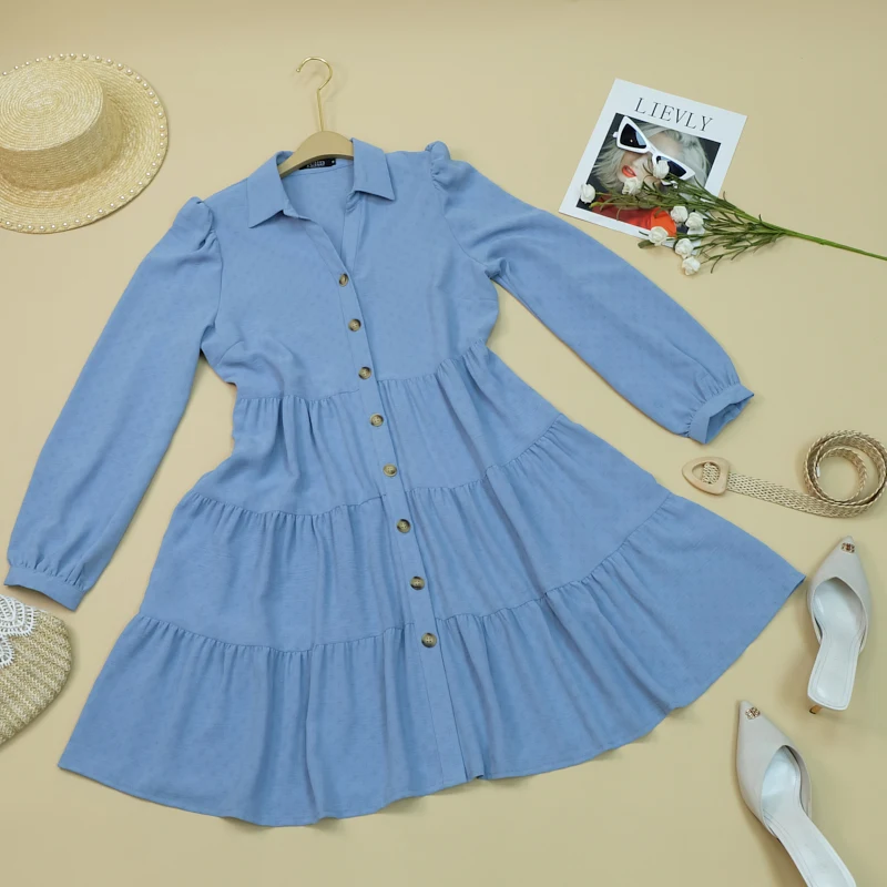 New summer lapel waistband button long sleeve solid color pleated waistband casual blouses blouse dresses