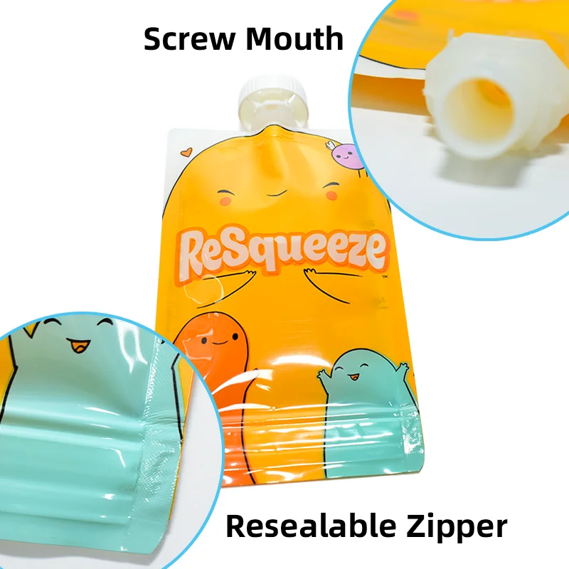 custom printed squeeze drink baby food refill BPA free reusable food eco plastic packaging spout pouch