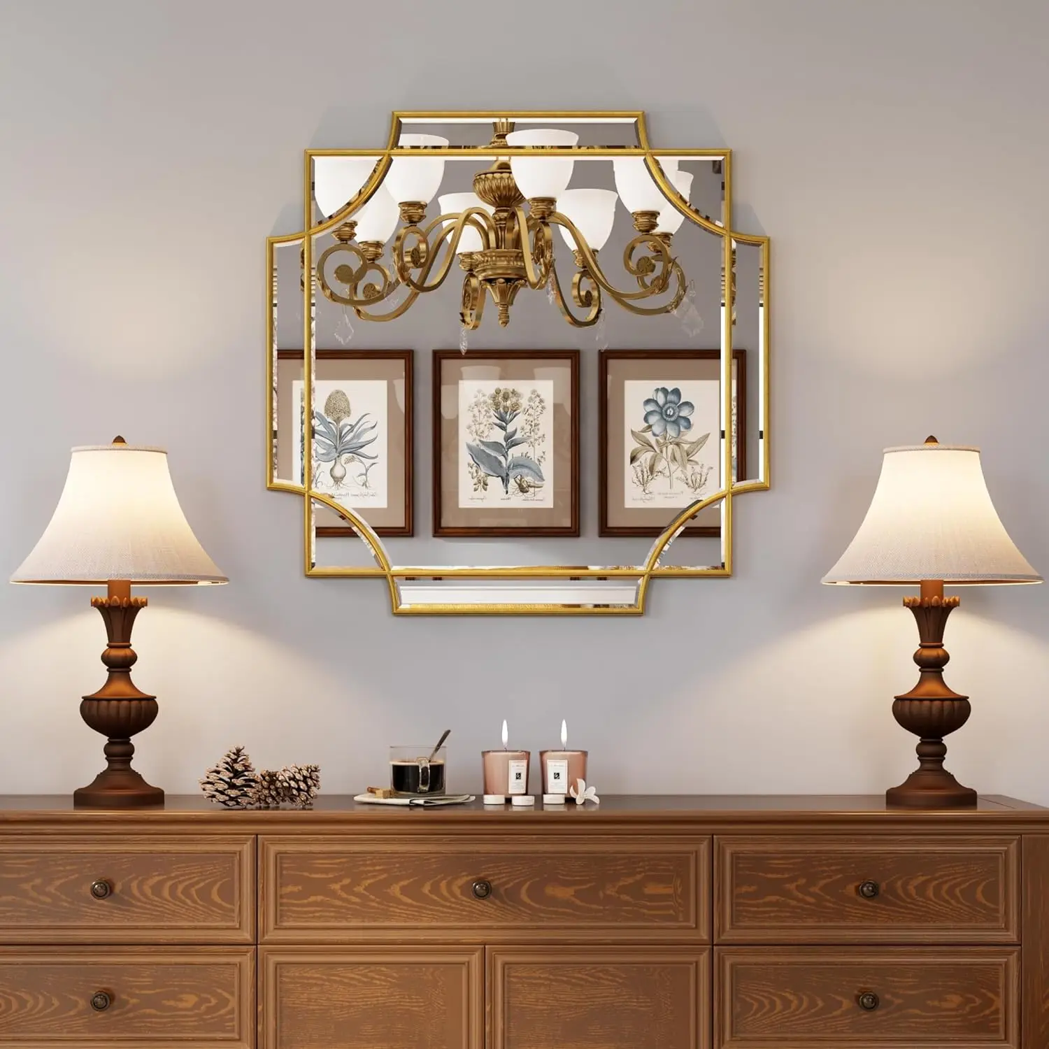 Nordic Luxury Square Gold Framed Beveled Wall Decor Mirror Art Decorative Vanity Mirror