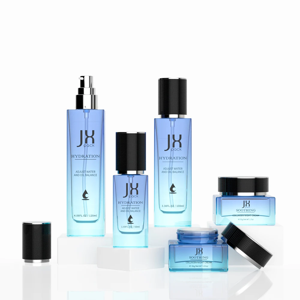 Wholesale 30 50 g 50 100 120 ml custom glass cosmetic container and packaging set square skincare lotion toner bottle with pump
