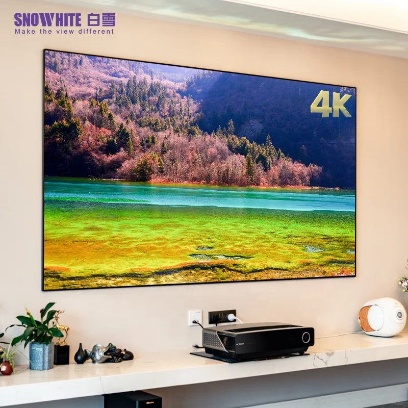 SNOWHITE  80 100 120 150 inch UST ALR T prism grating projection screen black round grid fixed frame projector screen