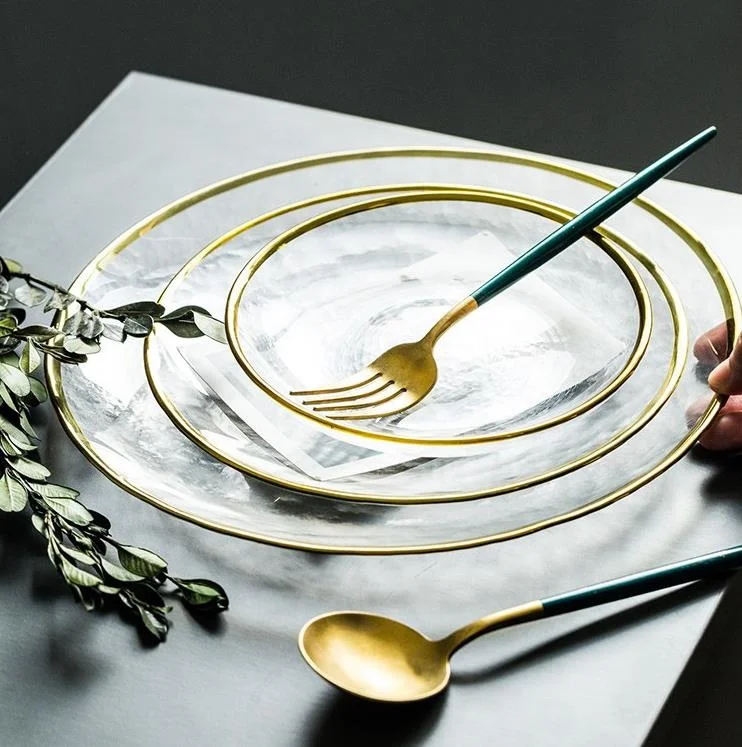 2024 Gold Rim Charger Plates Event Wedding Camping Minimalist Glass Charger Plates Round Glass Charge Party Plates