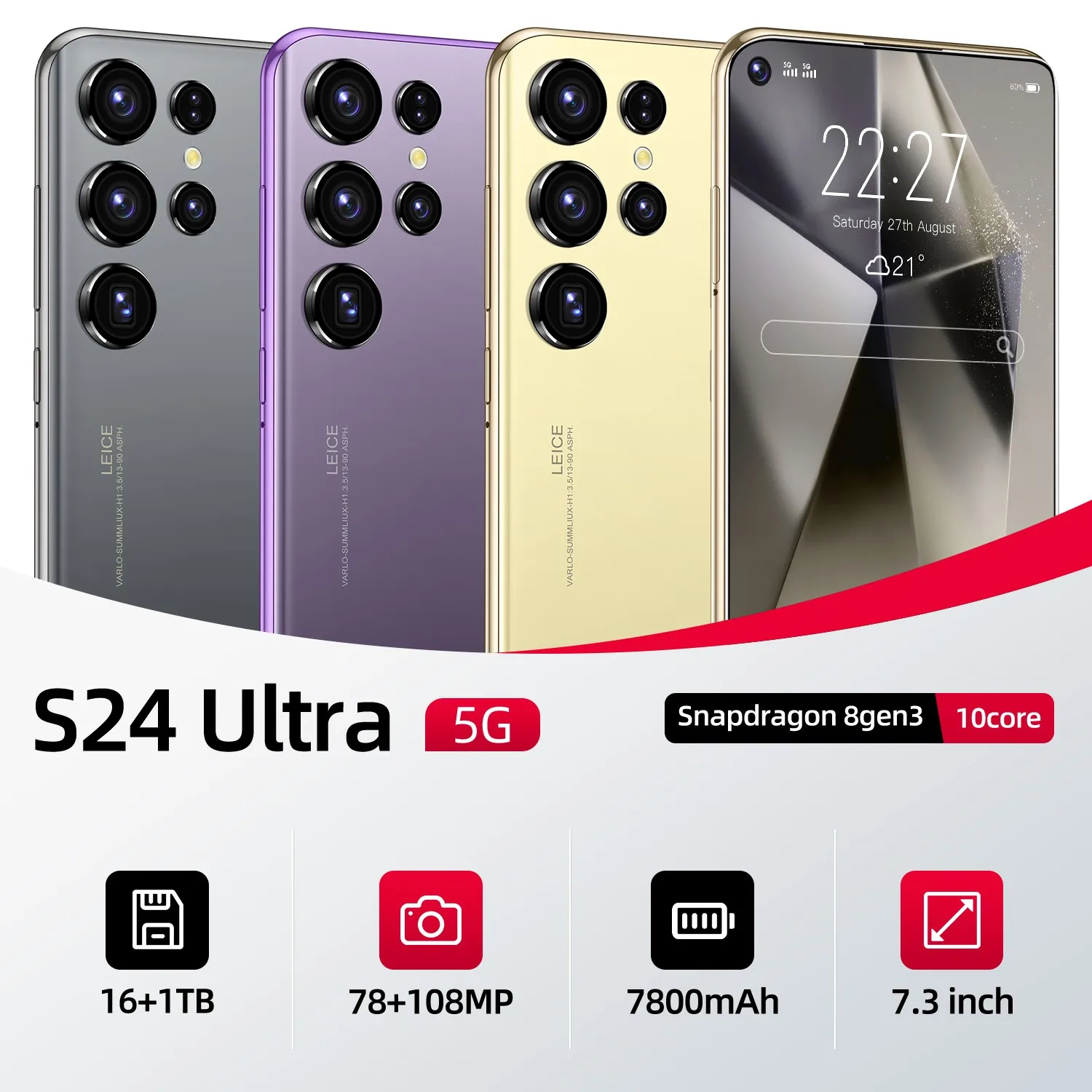S24 ULTRA 7.3 Inch Android 12 Smartphone 16GB+1TB 144Hz Full HD Display 100W Quick Charge 5G 4G Network with 108mp Rear Camera