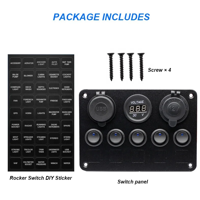 Waterproof LED Car 5 Gang 12V Fused Marine Boat Illuminated Rocker Switch Panel