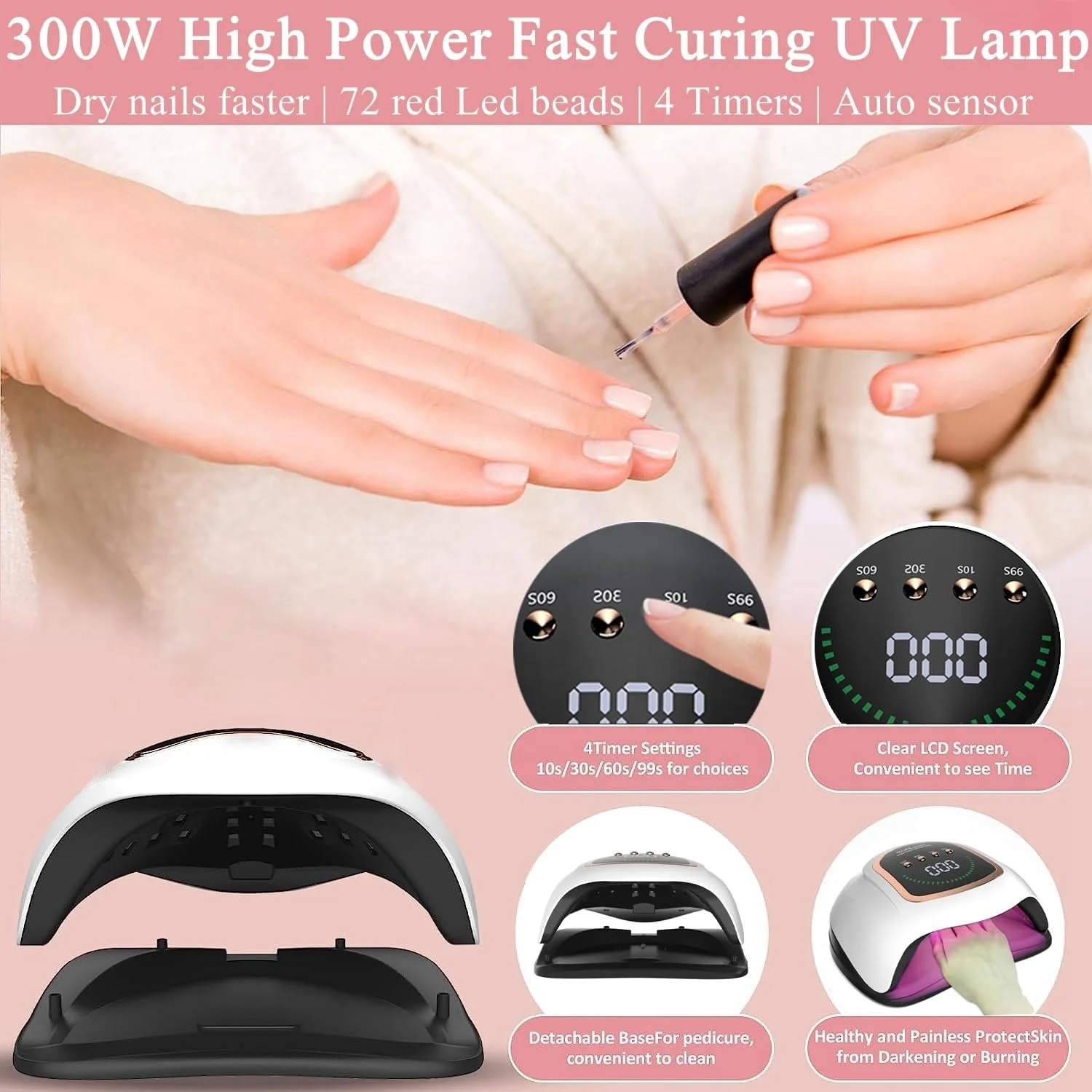 UV LED Nail Lamp, 300W Professional UV Nail Dryer Light for Gel Nails with 72 Beads, Fast Curing Gel Polish Lamp for Finger/Toe
