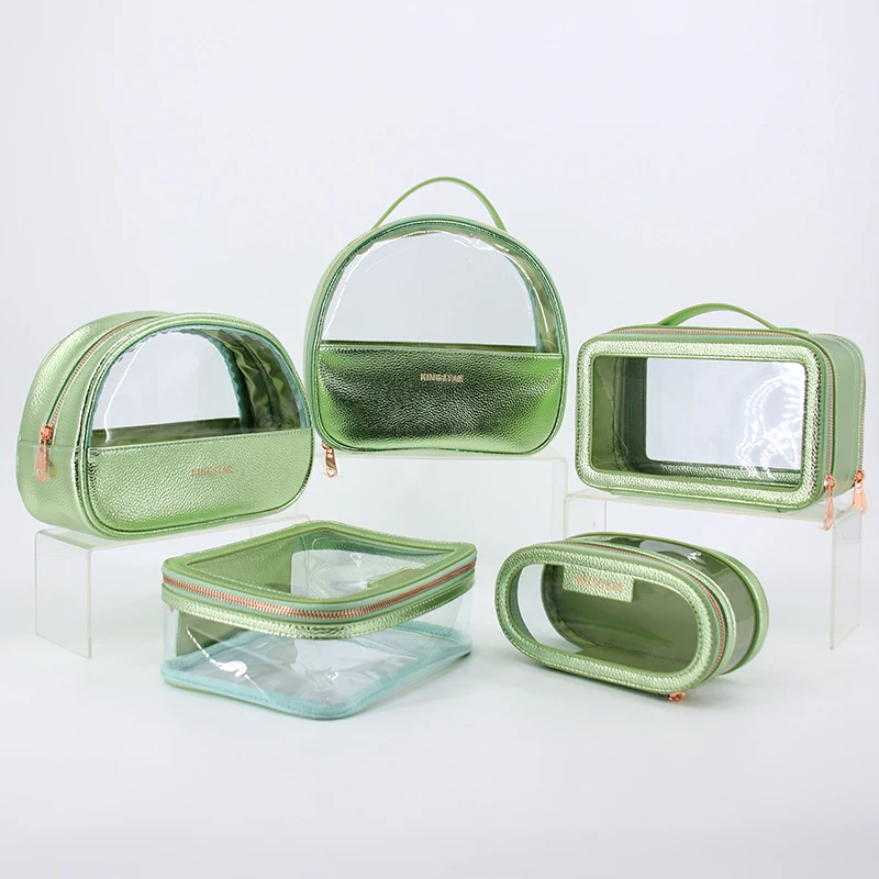 Custom Logo Hologram PU Makeup Bag Waterproof PVC Clear Toiletry Bag Gold Stamp PVC Makeup Pouch